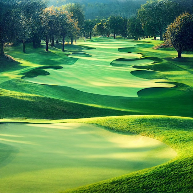 Golfbaan landschap golf veld achtergrond met groen gras op zonnige dag