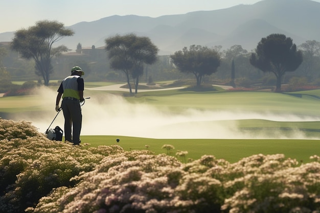 Foto golfbaan tuinman die zich bezighoudt met bloemenbedden generatieve ai