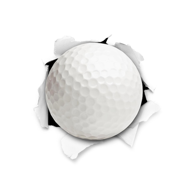 Golfbal die door een gat op wit barst