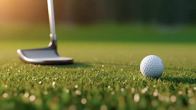 Golfbal en golfclub in een zak op groen gras bij zonsondergang Golfer Generative Ai