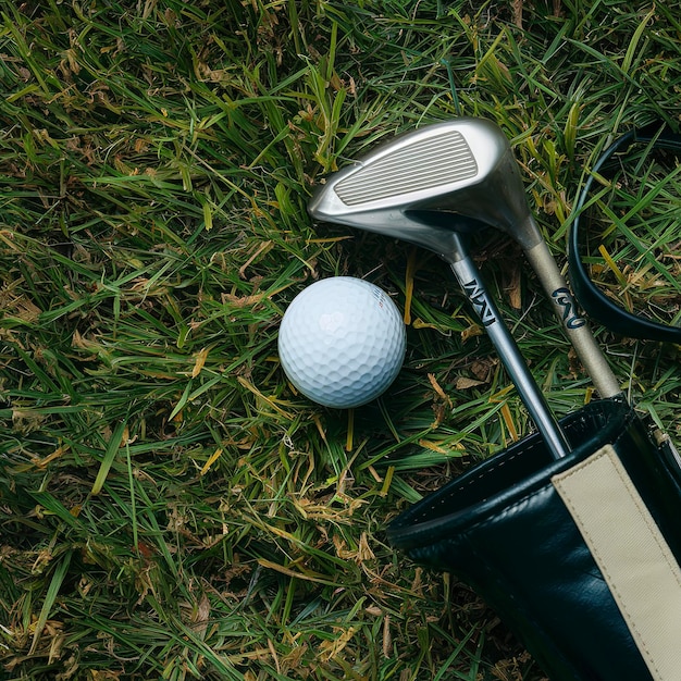 Golfbal en golfclub in een zak op groen gras