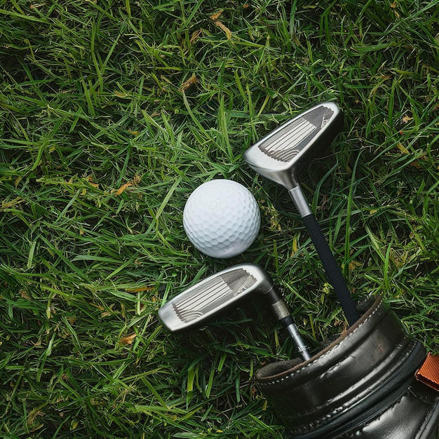 Golfbal en golfclub in een zak op groen gras