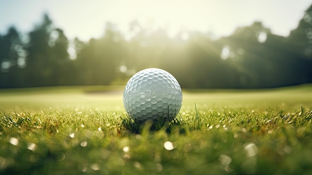 golfbal in het midden van een grasrijke golfbaan met warme zonneschijn