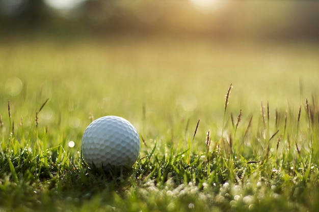 Golfbal ligt op een groen gazon in een prachtige golfbaan