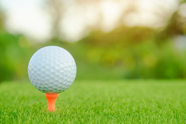 Golfbal met oranje T-stuk op groen gras klaar om bij golfcursus te spelen.