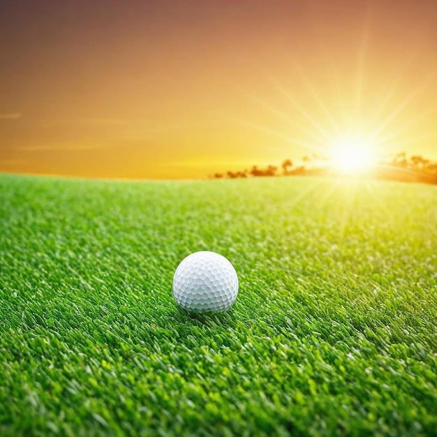 Golfbal op groen gras achtergrond zonsondergang