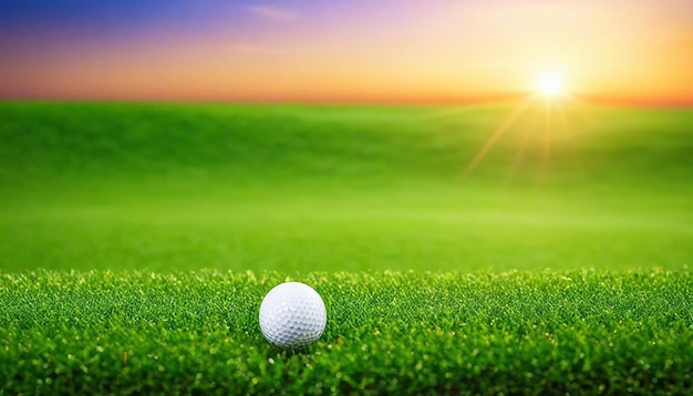 Golfbal op groen gras achtergrond zonsondergang