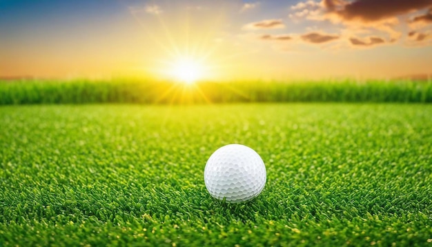 Golfbal op groen gras achtergrond zonsondergang