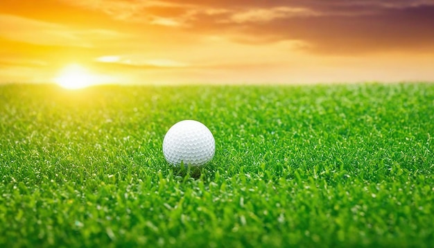 Golfbal op groen gras achtergrond zonsondergang
