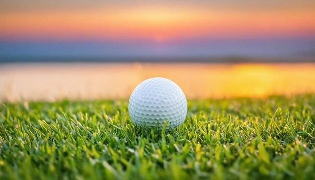 Golfbal op groen gras achtergrond zonsondergang