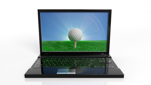 Golfbal op groen veld met blauwe lucht op het scherm van een laptop geïsoleerd op witte achtergrond