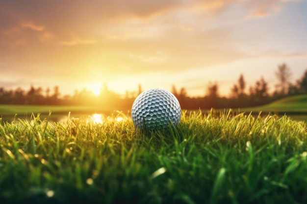 Golfbal op het gras bij zonsondergang