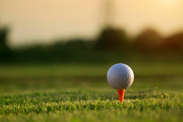 Golfbal op tee in een prachtige golfbaan met ochtendzon