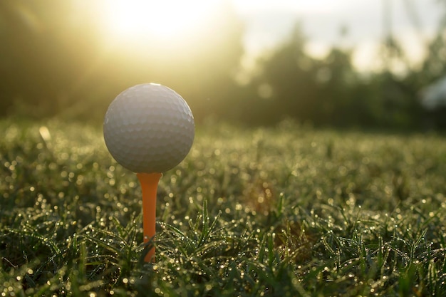 Golfbal op tee in een prachtige golfbaan met ochtendzon