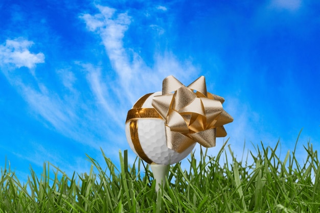 Golfbal op tee met gouden lint en boog