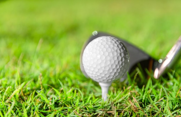 Golfbal op tee mooi gras in golfbaan voor schot naar hole in one in competitie met ijzer 7