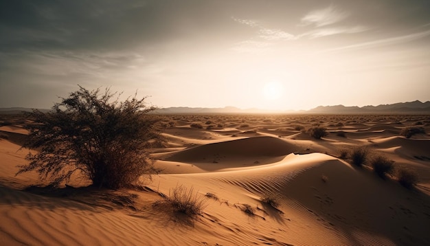 Golfde zandduinen in dor Afrika bij zonsondergang gegenereerd door AI