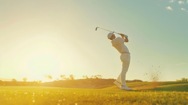 Foto golfer die een swing uitvoert op een levendige groene golfbaan tijdens een serene zonsondergang