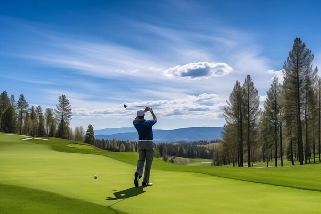 Golfer die op een schilderachtige green begint de club die met precisie door de lucht zwaait Generatieve AI