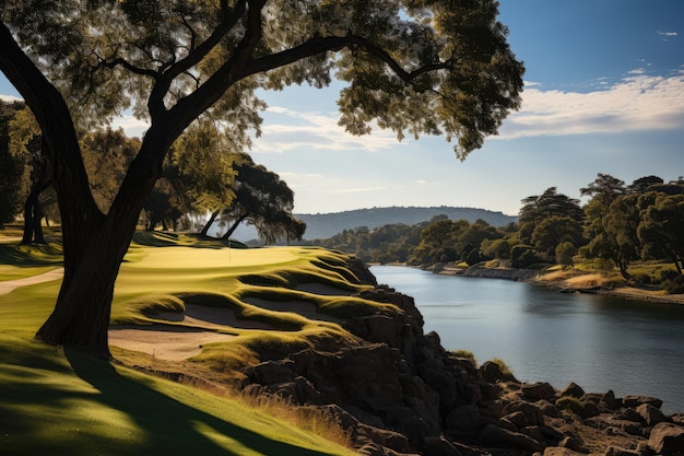 Golfer in epic scenario launches the ball over Lake and Castle generative IA