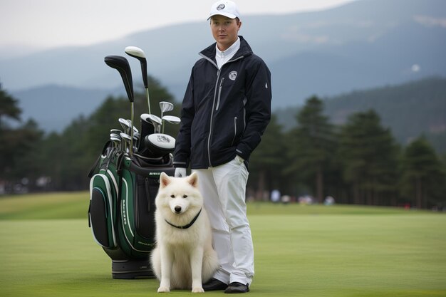 Photo golfer on golf course with husky