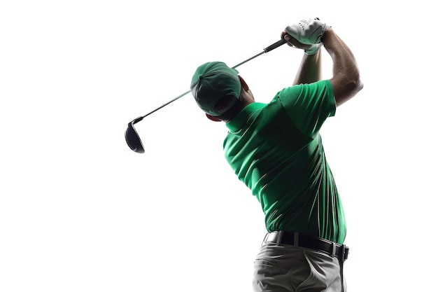 Photo golfer in green shirt swinging on white background