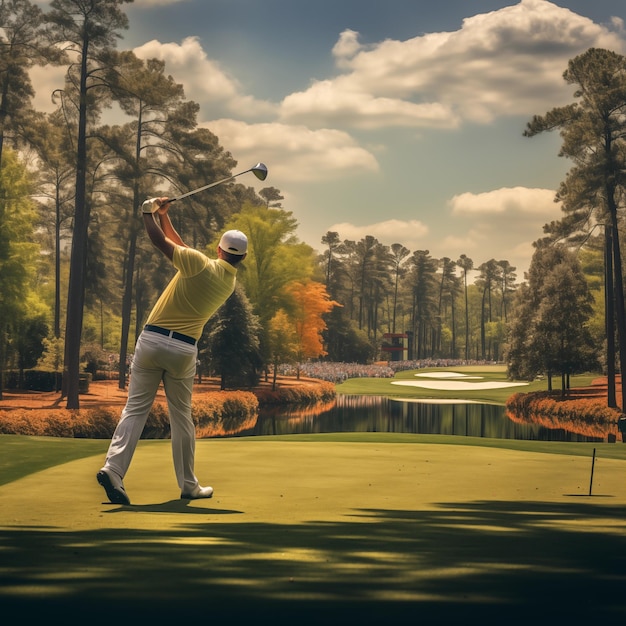 a golfer hits a golf ball on a golf course