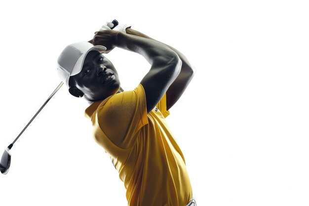 Foto golfer in een geel shirt die op een witte achtergrond zwaait