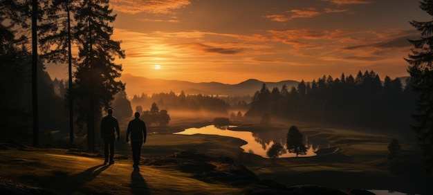 Golfer in gouden zonlicht klaar bij de tee anticipeert op de swing Weelderig landschap