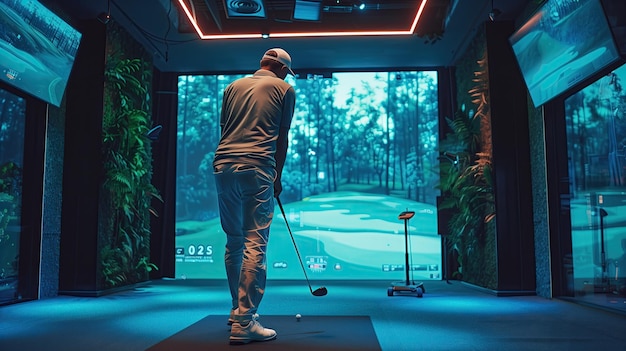 Golfer playing golf in indoor simulator