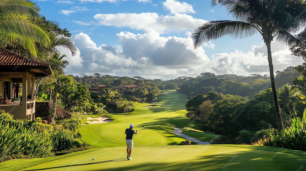 A golfer prepares to take a swing on a golf course with a large mansion A golfer prepares to take a swing on a golf course with a large mansion