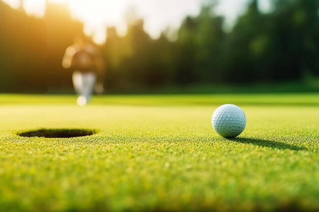 Foto golfista che mette la palla da golf sul campo da golf verde