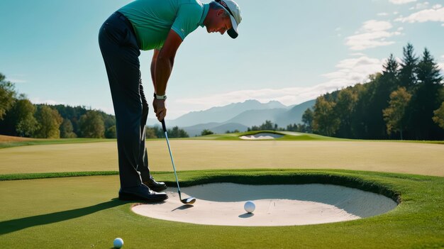 Photo golfer putting golf ball into hole