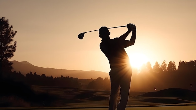 A golfer swinging his golf club at sunset