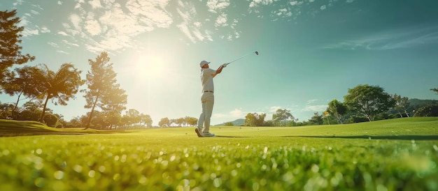 golfer swinging on a sunny golf course