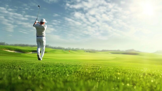 Photo golfer swinging on a sunny green course