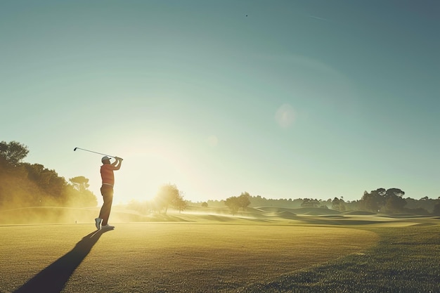 Photo golfer taking swing on sunny golf course