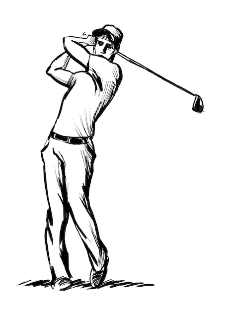 Golfer with a club. Ink black and white drawing