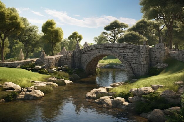 Golfers crossing a charming stone bridge on the Generative ai