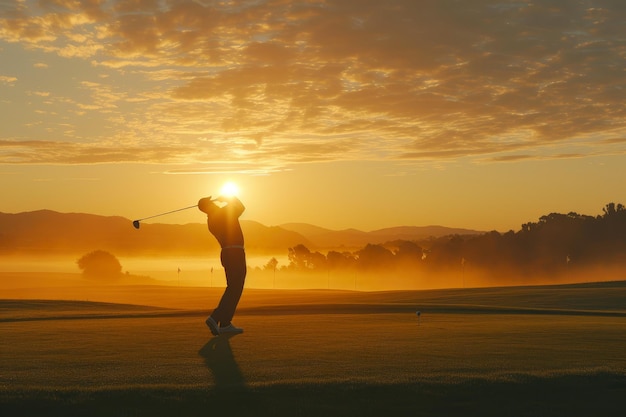 Photo golfers perfect swing against sunrise