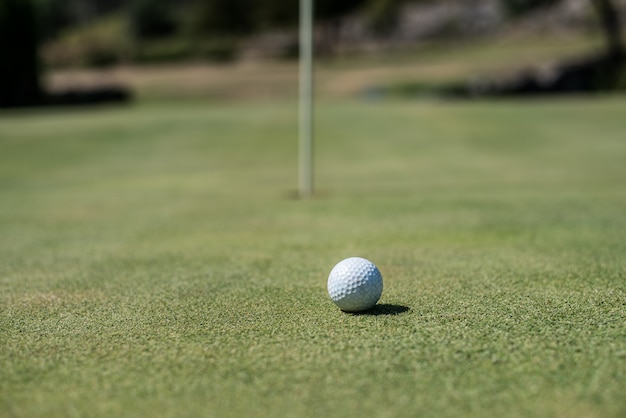 Golfgebied met witte bal dichtbij het gat