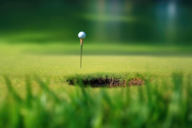 Golfklub en bal op het groene gat in focus gemaakt met generatieve AI