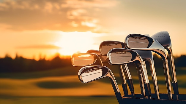 Foto golfknuppels tegen een zonsondergang