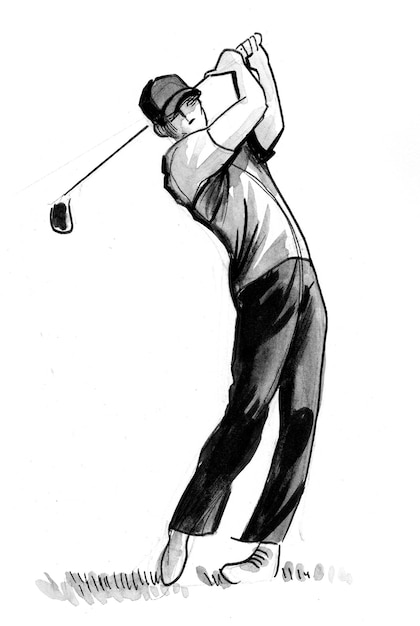 Golfspeler. Inkt zwart-wit tekening