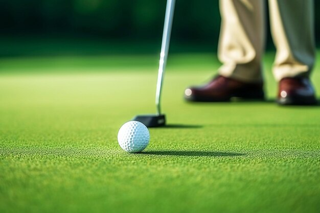 Foto golfspeler zet een golfbal op de groene golfbaan