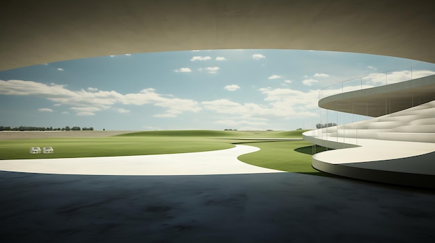 golfstadion 's middags Een denkbeeldig stadion wordt gemodelleerd en binnenaanzicht met gras weergegeven