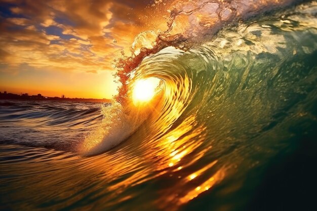 Golfvorming in de zee begeleid door de zonsondergang en het harmonieuze uiterlijk ervan op een gebogen manier