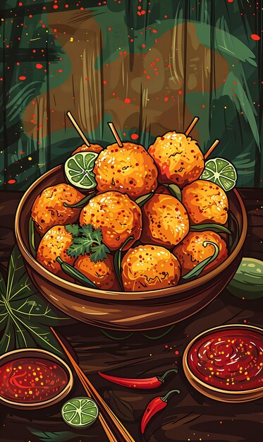 Golgappa Snack Poster With Tamarind Chutney and Spices Bold Illustration Food Drink Indian Flavors