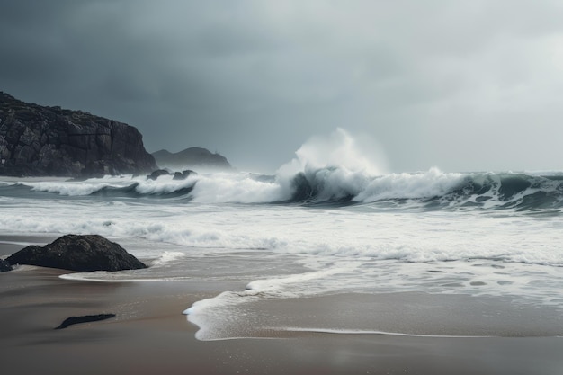 Golven die breken op een verlaten strand tijdens stormachtig weer gemaakt met generatieve AI