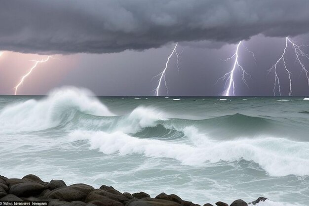 Foto golven die op de kust botsen met het schuimende water en spray creëren een abstracte chaotische